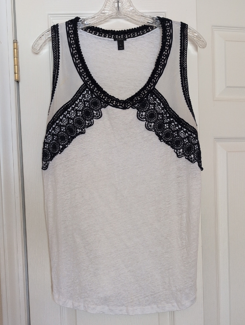 J. Crew White Tank Top with Navy Lace Trim